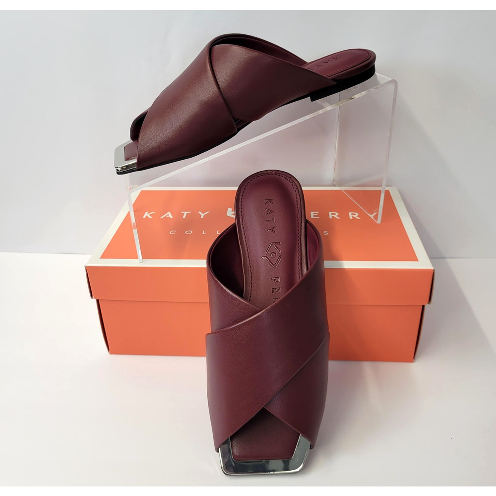 Katy Perry Checked In Slide Shoes Womens 6 Cranberry Square Toe Sandals Flat